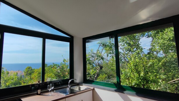 A kitchen with large windows, a sink, and a wine bottle. - Camera immersa nel verde (Sorrento)