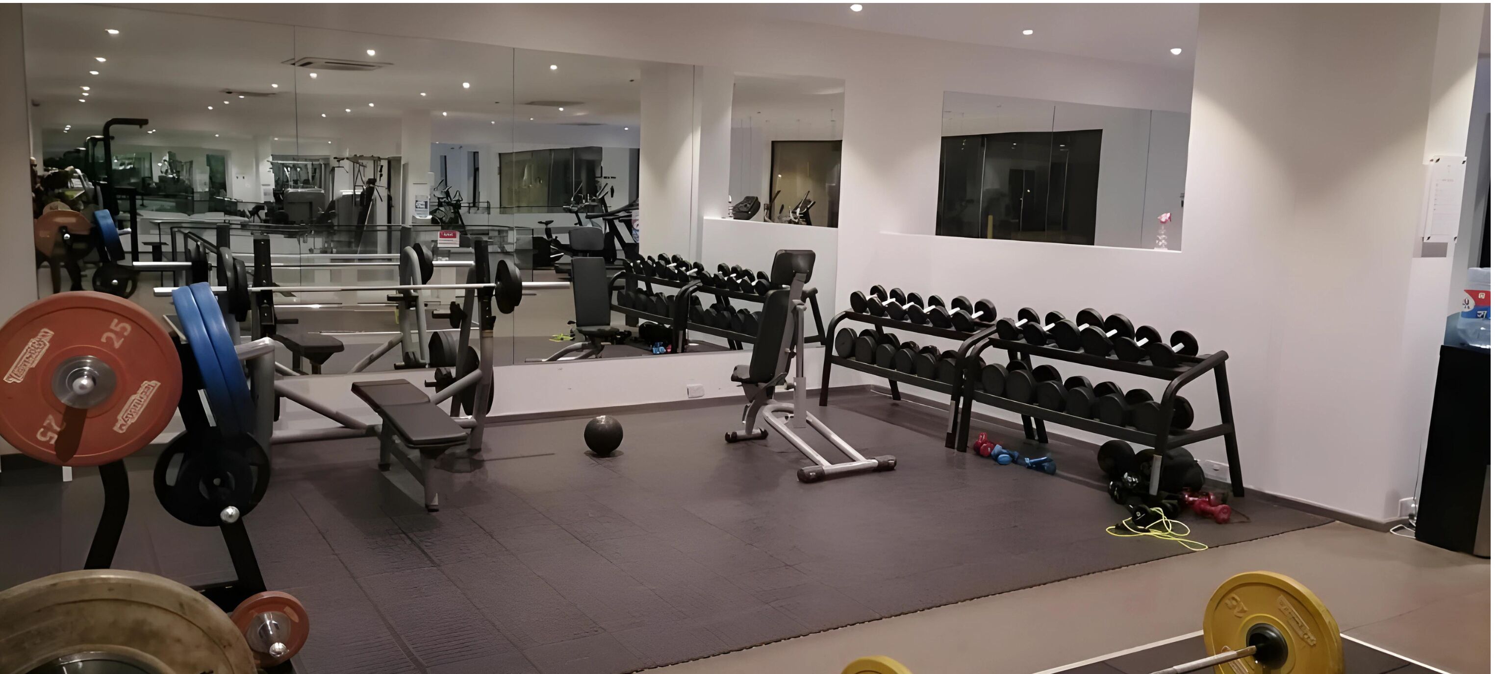Une salle de sport équipée de matériel de musculation, de tapis de course et de ballons d’exercice.