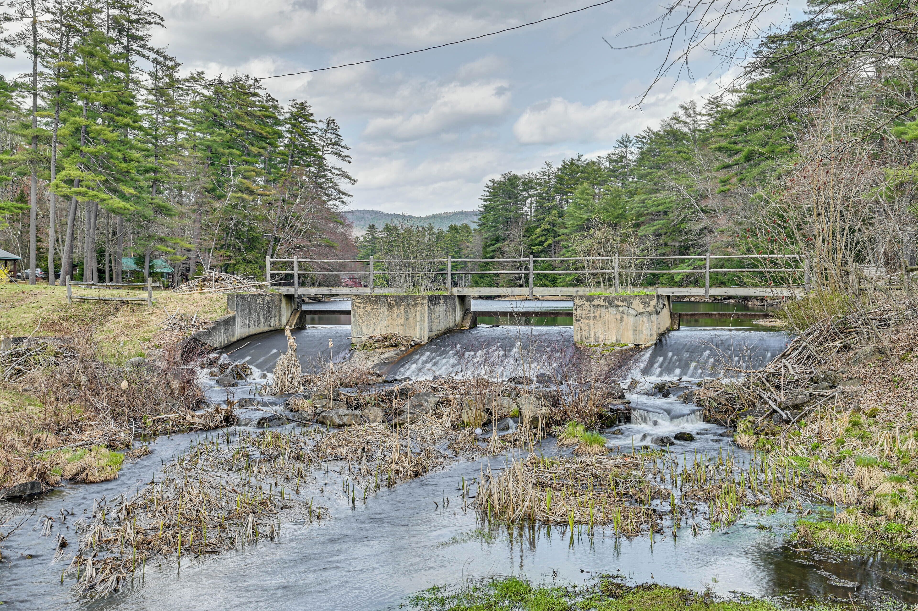 A small bridge over a stream with a wooden railing, surrounded by trees and a cloudy sky.