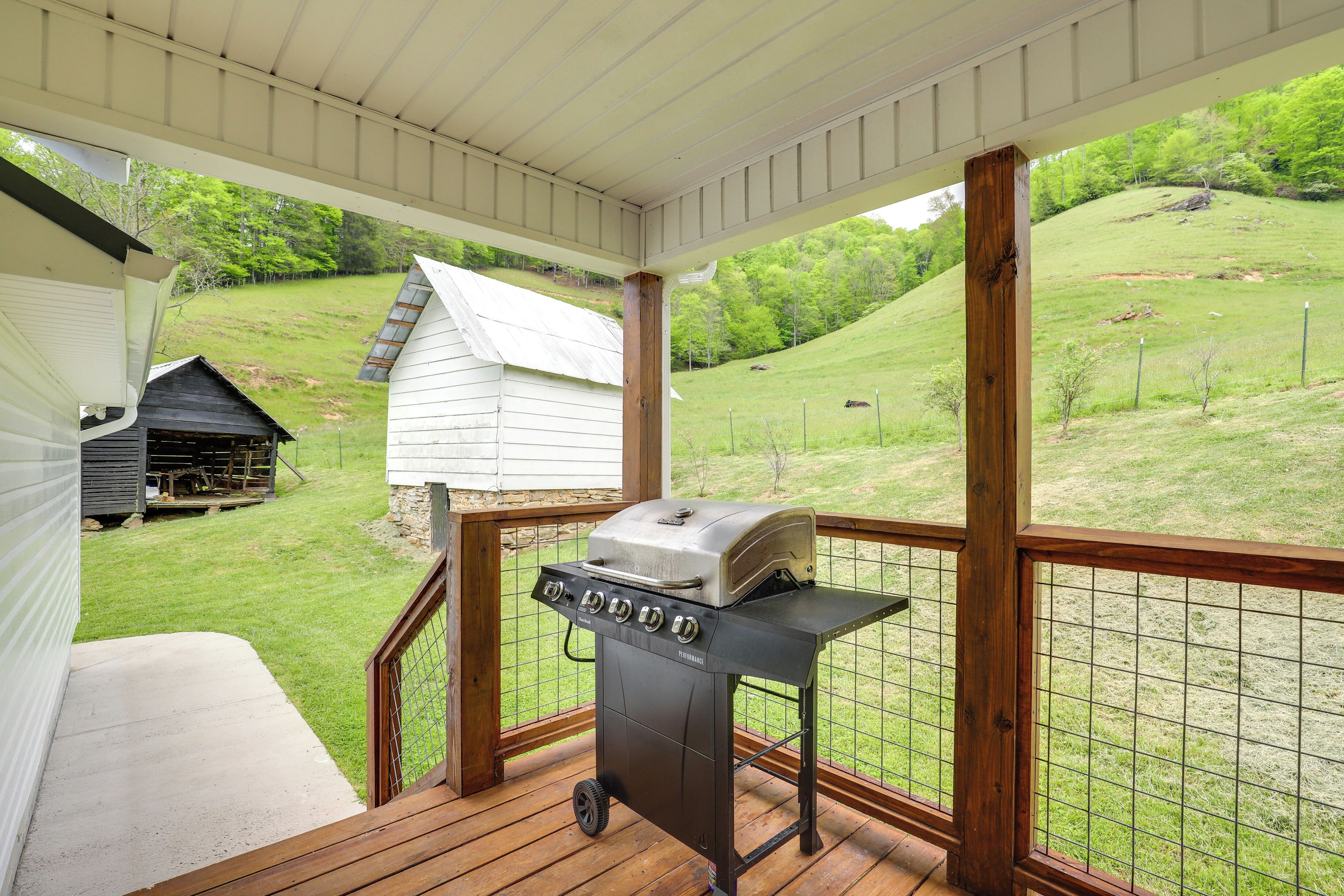 Eine überdachte Veranda mit Grill, Holzterrasse und Blick auf einen grasbewachsen Hügel sowie ein kleines Gebäude im Hintergrund.