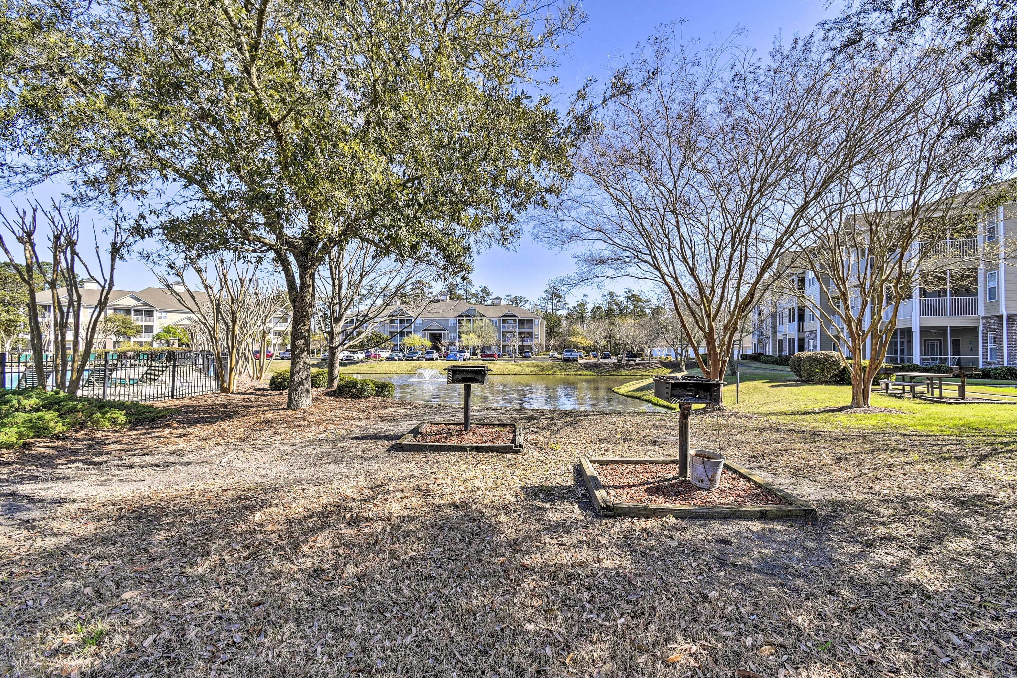 A park with a pond, benches, and trees.