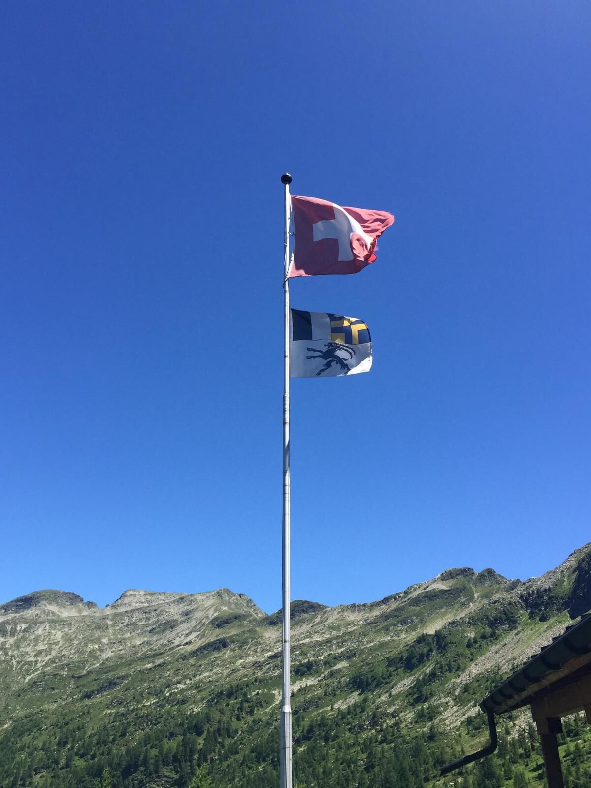 A flagpole with two flags against a mountainous backdrop.