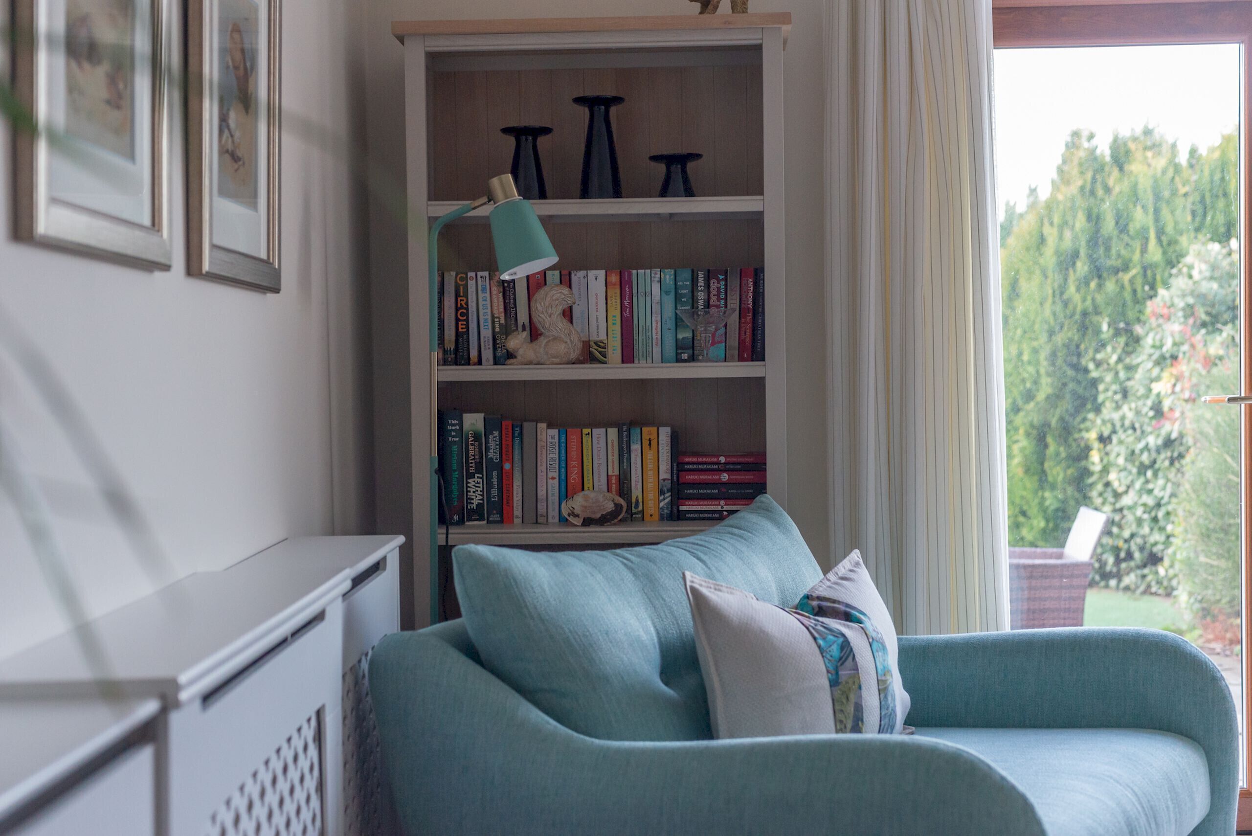TV, fireplace, books
