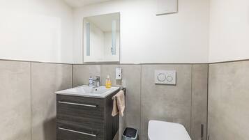 A modern bathroom with a sink, mirror, and toilet.