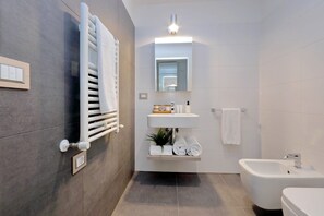 Shower, hair dryer, towels