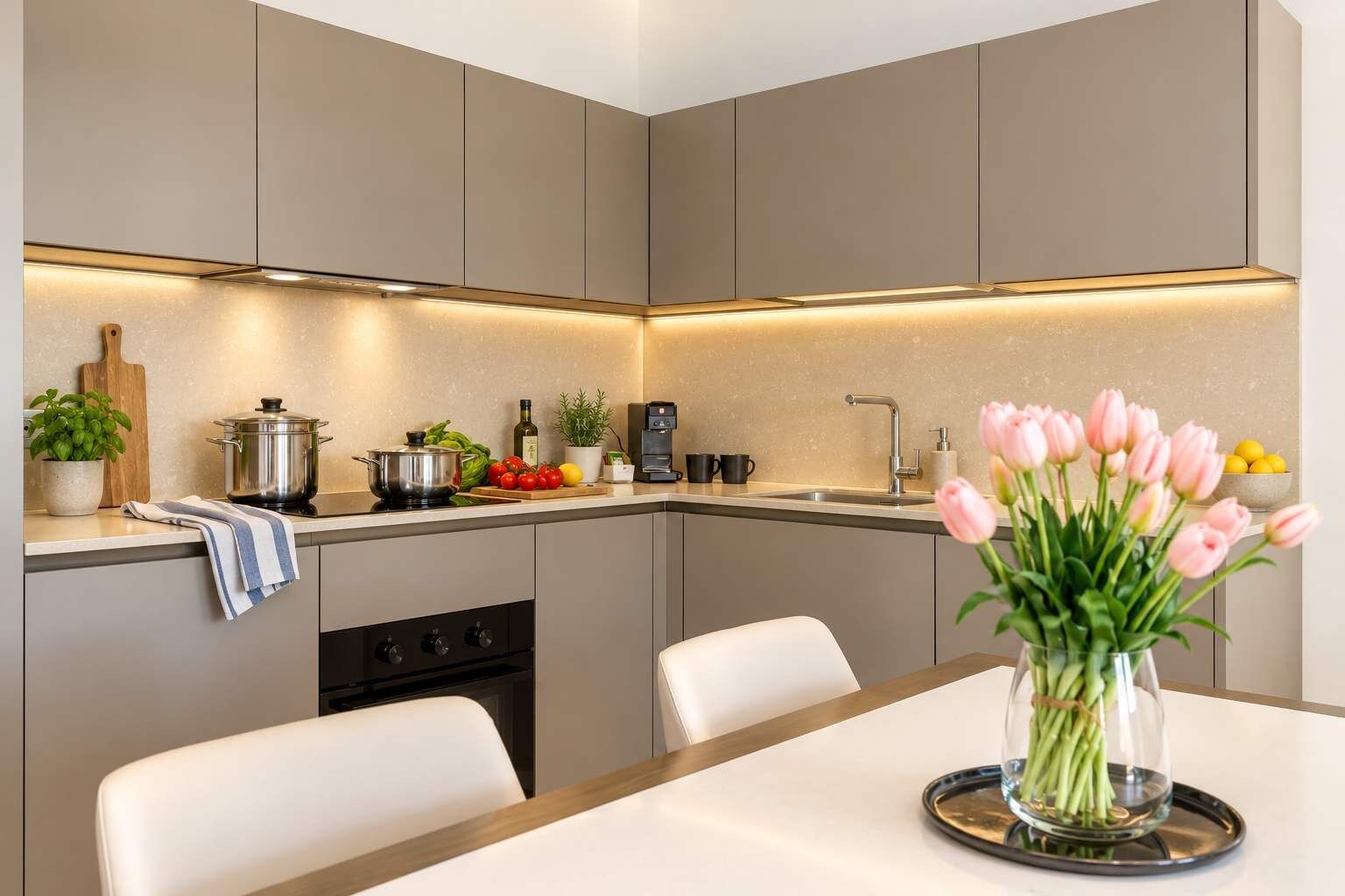 A modern kitchen with a central island, a sink, and a dining area with a vase of flowers.