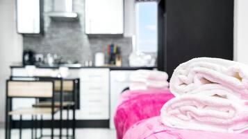 Desk, free WiFi, bed sheets