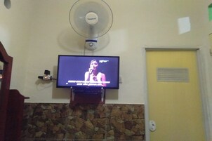 Un televisor montado en la pared, con una chimenea de piedra abajo.