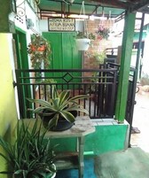 Una verja verde con un letrero que dice 'WISMA KOST AFILIA BUANA' y un número de contacto. Hay plantas en macetas sobre una mesa y colgando de la verja.