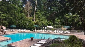 Une piscine entourée d’arbres, avec des chaises longues et des parasols.