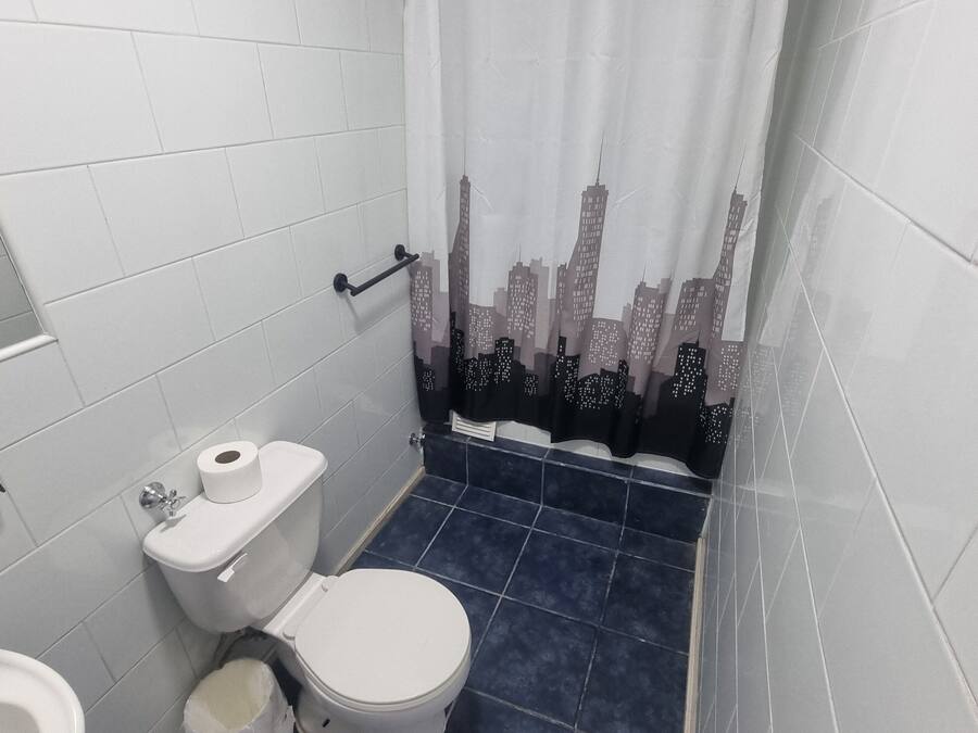 A small bathroom with white tiles, a toilet, a bidet, and a shower curtain with a cityscape design.
