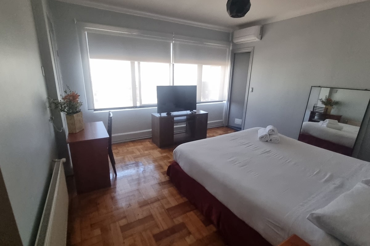 A hotel room with a bed, a TV on a stand, a small table with a plant, and a window with blinds.