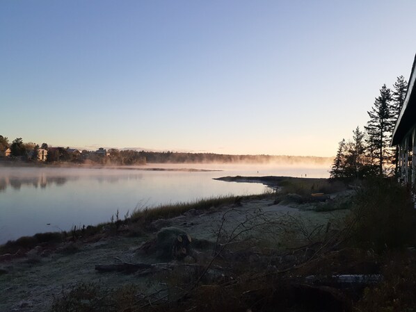 A serene lakeside view with a clear sky, calm water, and a forested shoreline. - PEI Waterside Apt. #3, quiet waterfront Apt., beach, scenic view, great sunsets (Cardigan)