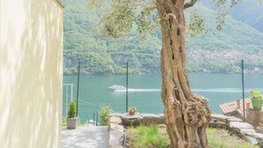 Un sentier bordé d’arbres mène à un plan d’eau, où l’on aperçoit un bateau au loin.