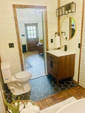 Hair dryer, towels, soap, toilet paper