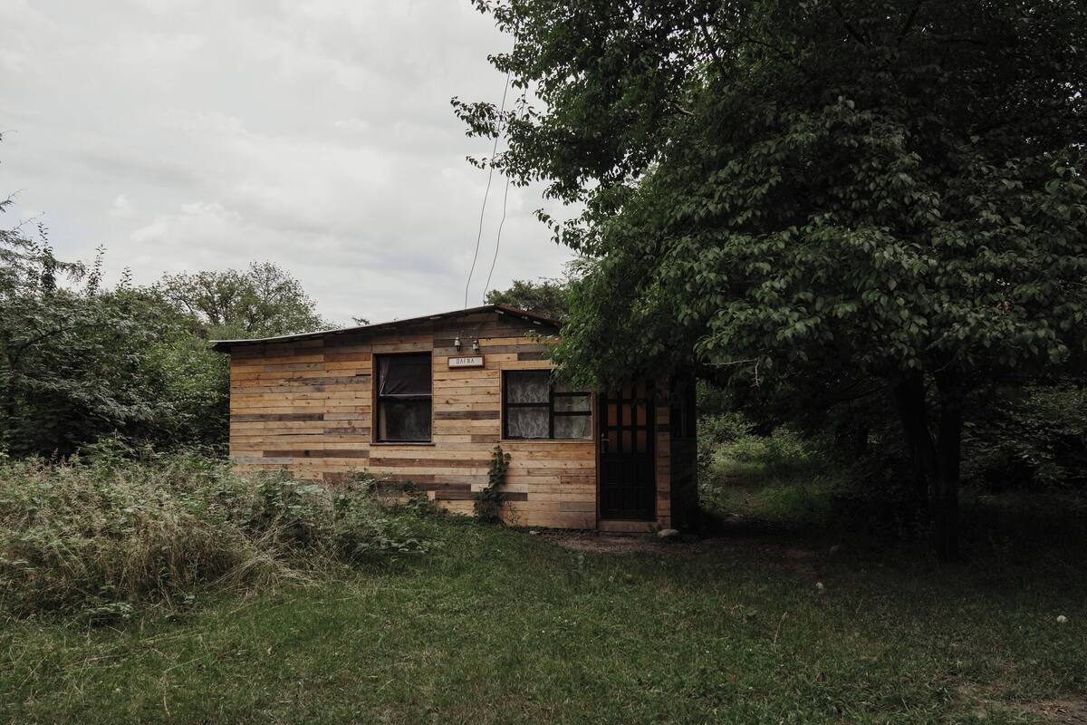 Une petite cabane en bois, dotée d’une seule porte et d’une seule fenêtre, entourée d’une végétation luxuriante.