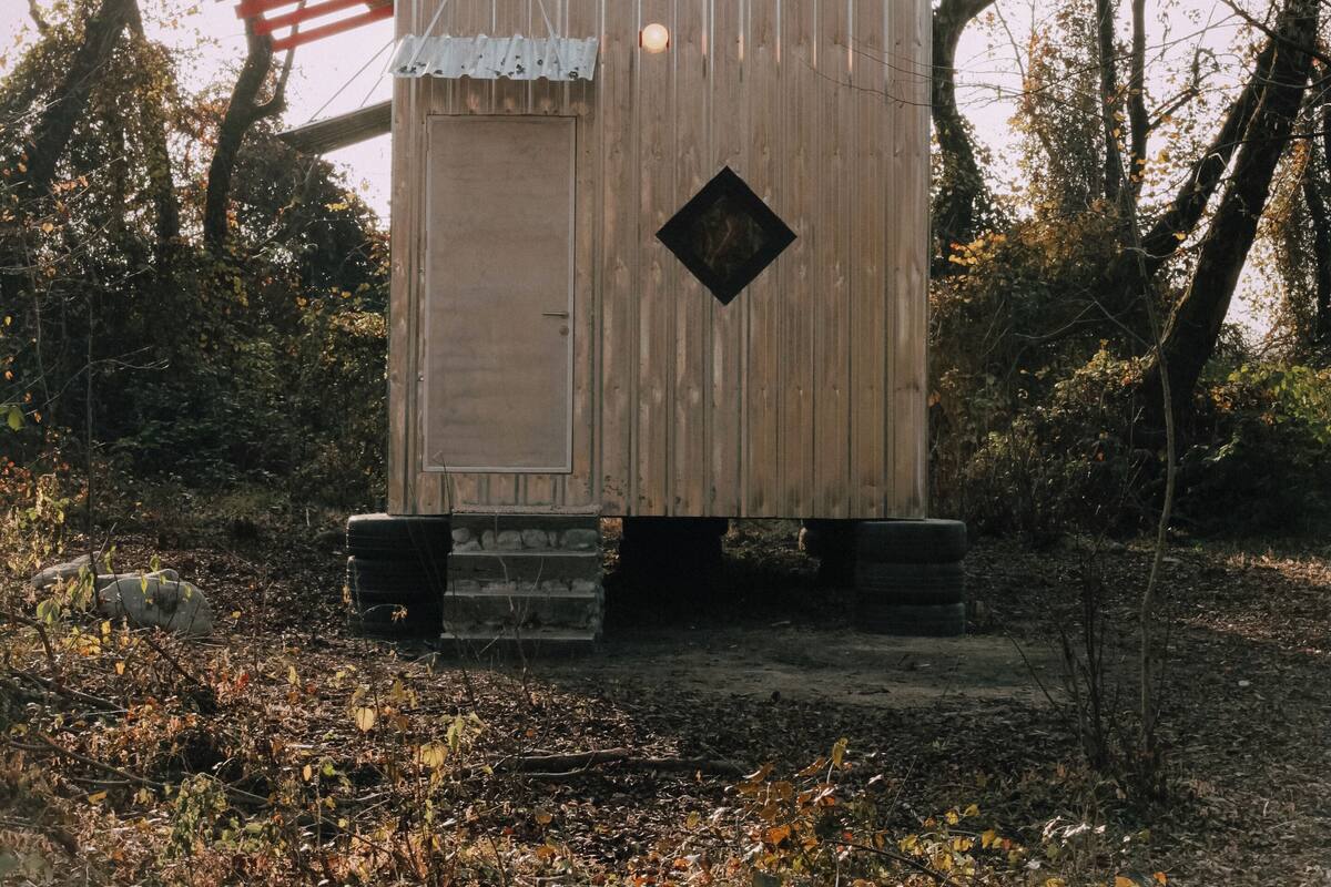 Une petite construction en bois, dotée d’une porte et d’une fenêtre, entourée d’arbres et de feuillage.