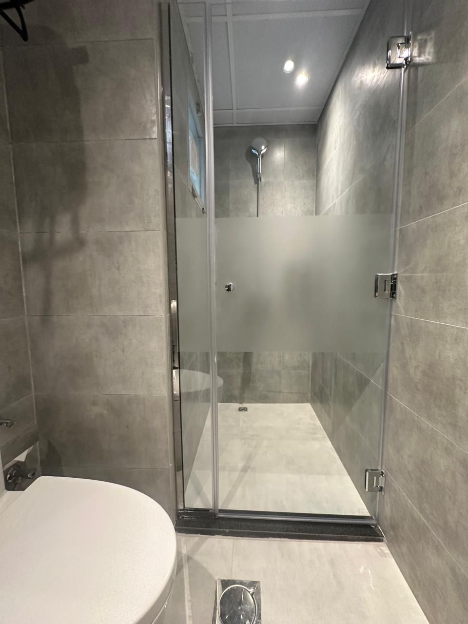 A modern bathroom with a glass-enclosed shower, a white toilet, and grey tiled walls.