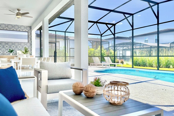 Indoor pool, cozy seating, summer kitchen. Perfect retreat!