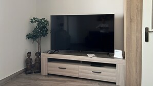 Een flatscreen televisie op een houten tv-meubel met lades, een kleine plant en een deur met houten frame.
