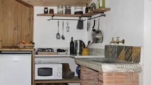 Une cuisine compacte équipée d’un réfrigérateur, d’un four à micro-ondes et d’un four à pizza en briques. Des étagères situées au-dessus servent à ranger des bocaux et des ustensiles de cuisine.