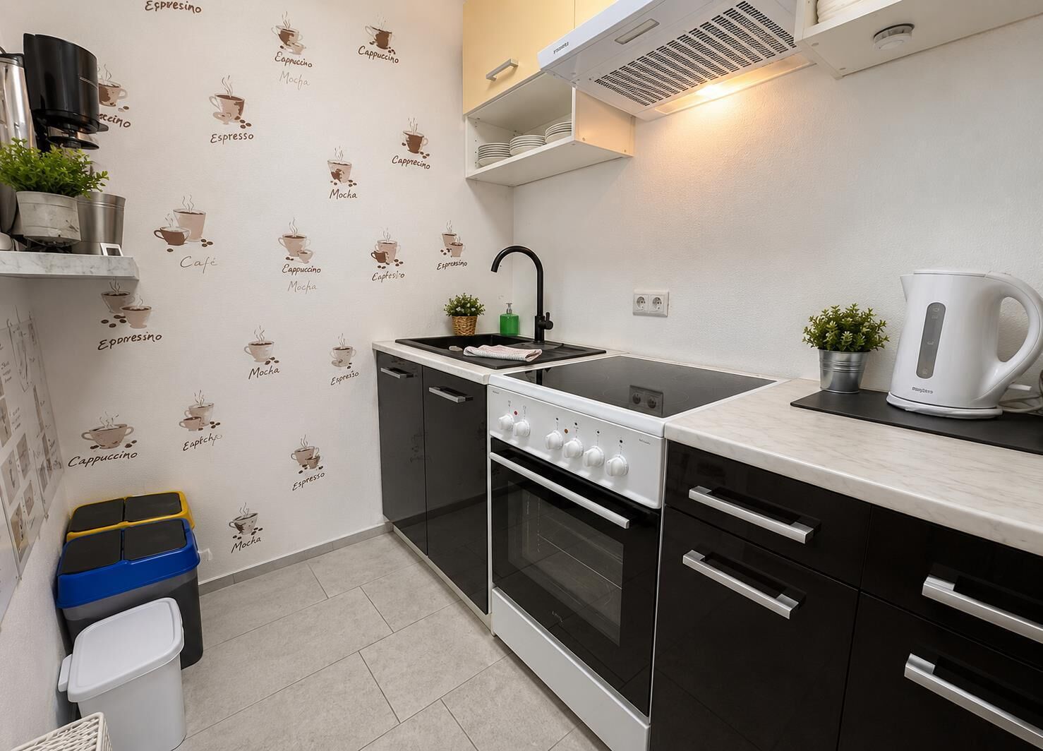 A compact kitchen with a stove, oven, sink, and a coffee machine.