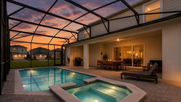A swimming pool with a hot tub, outdoor seating, and a covered patio area. - 10 BD/ 8 BA/ Windsor Cay (16392 SK) (Clermont)