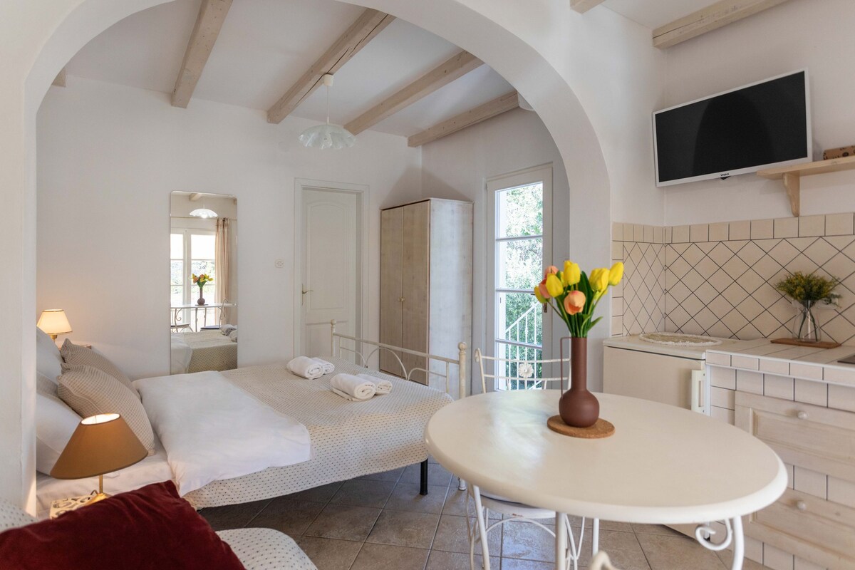 A hotel room with a bed, a sitting area with a table, a TV mounted on the wall, and a window with a view of greenery.