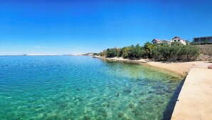 Et kystlandskab med klart, blåt vand, en sandstrand og bygninger til højre.