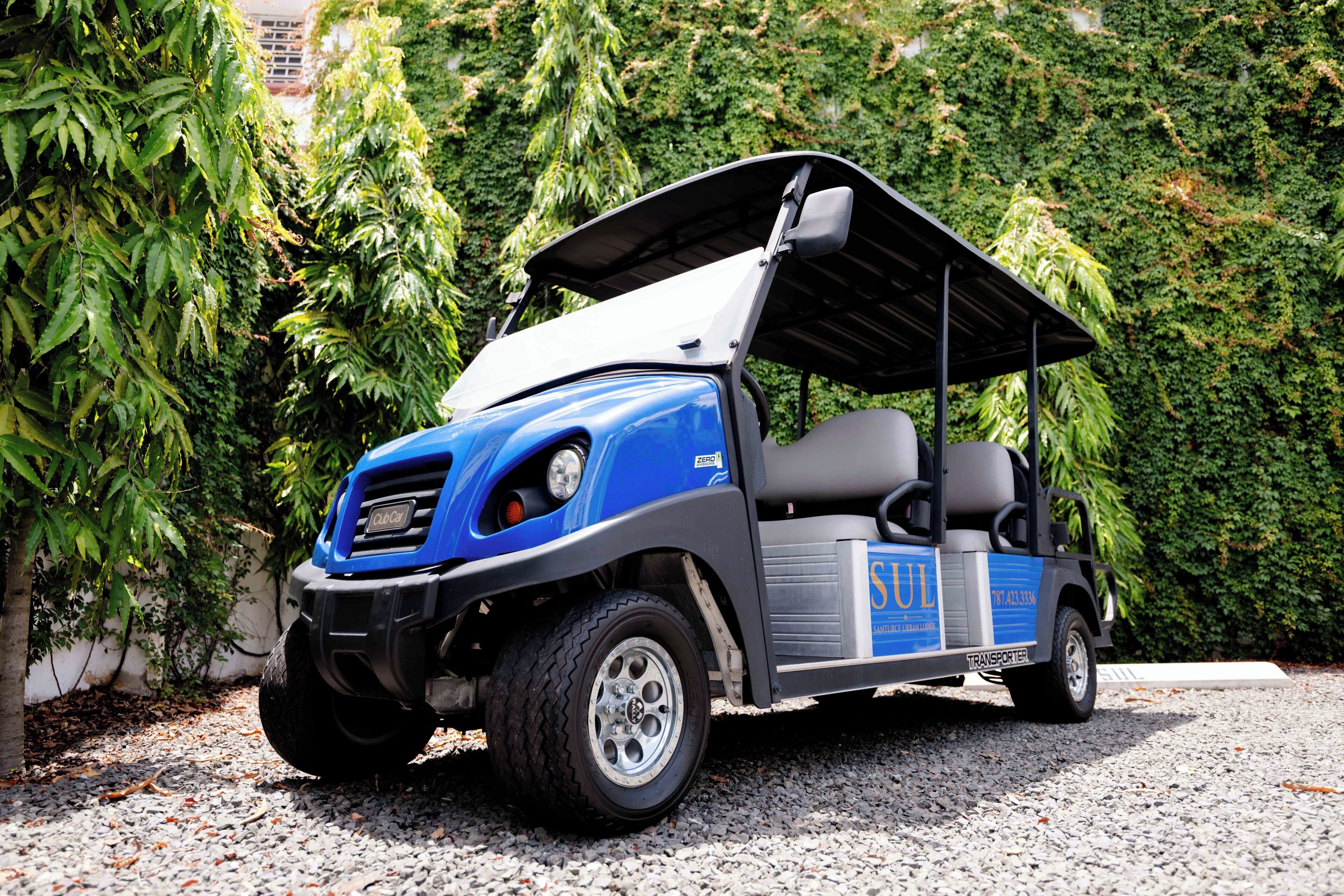 A golf cart parked on a gravel path with a green hedge in the background.