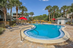 A swimming pool with lounge chairs and umbrellas, surrounded by palm trees and a wooden deck.