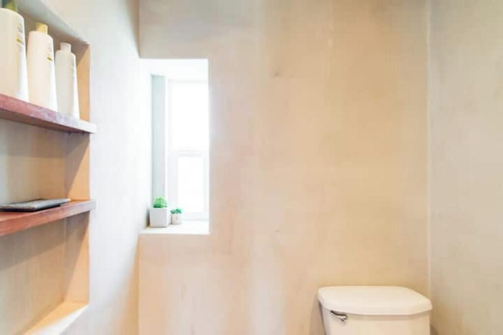 A narrow hallway with a toilet on the right, a small window with a plant, and shelves with toiletries.