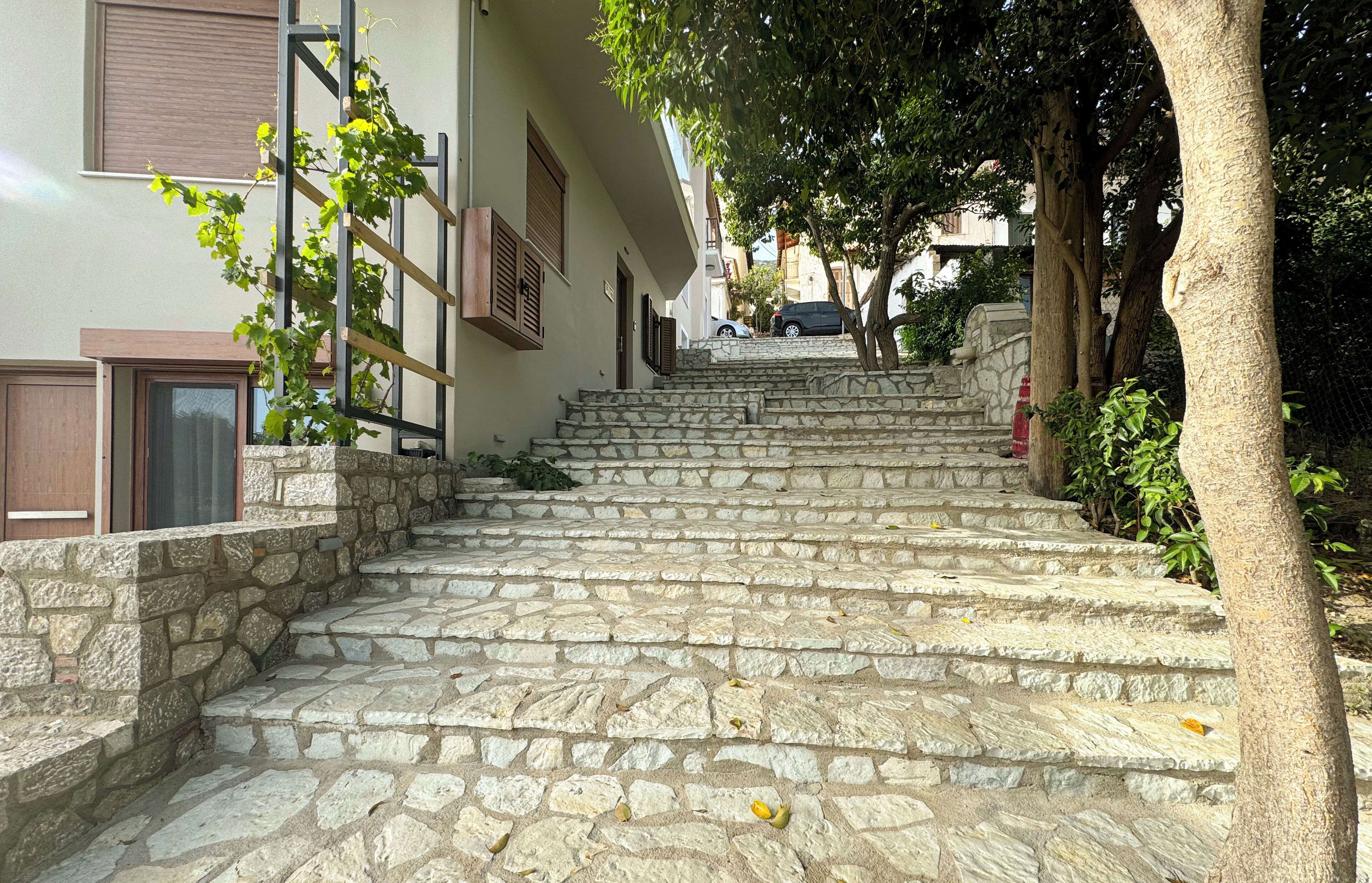 Un escalier en pierre menant à un bâtiment doté d’une porte et d’une fenêtre.