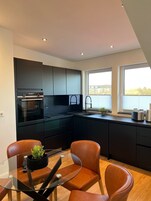 Apartamento City, vistas al parque | Cocina privada | Frigorífico grande, microondas, horno y placa de cocina