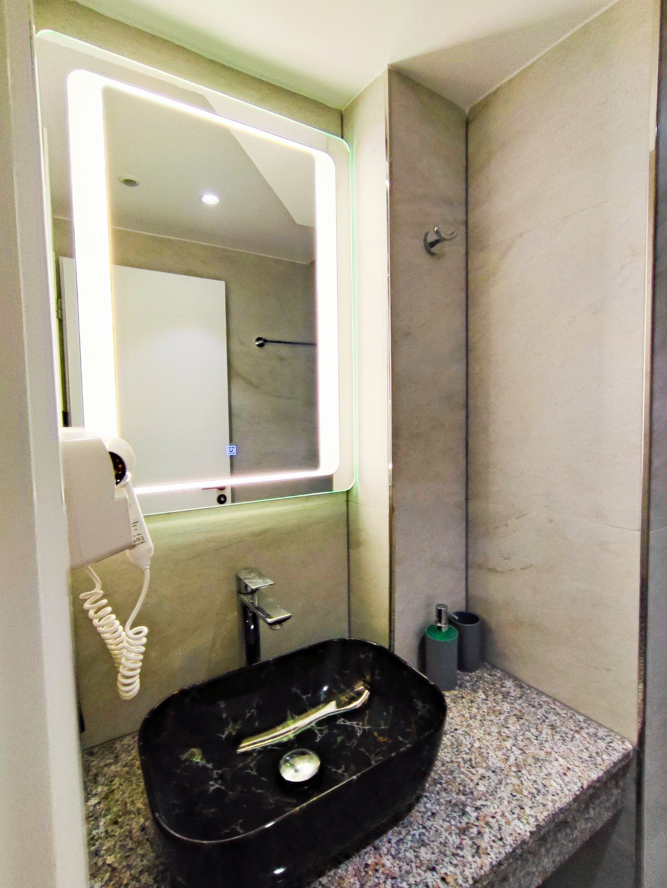 Hair dryer, towels, toilet paper