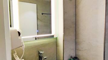 Hair dryer, towels, toilet paper