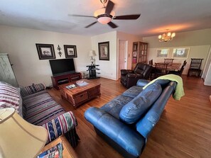 TV, fireplace, books, offices