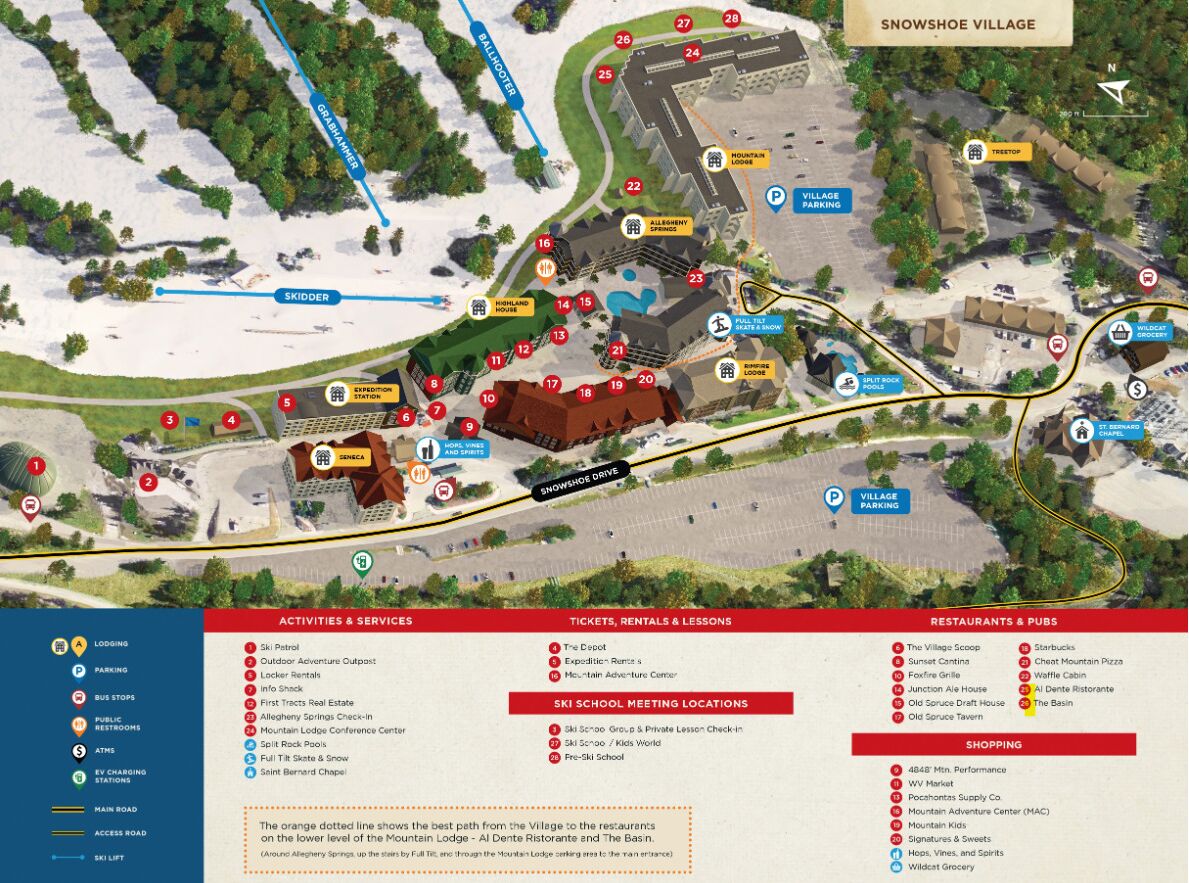 A detailed map of Snowshoe Village with various amenities and services marked, including lodging, parking, and restaurants.