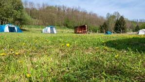 Un camping con varias tiendas de campaña y una cabaña de madera.