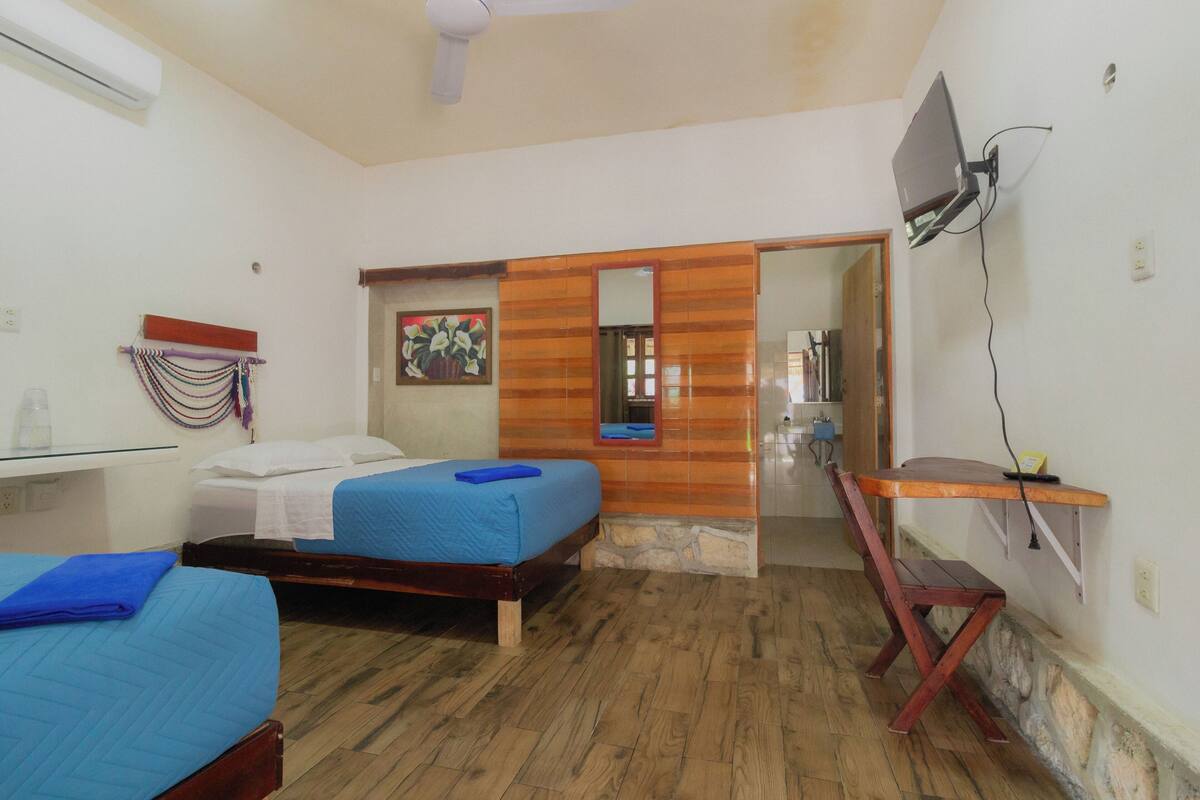 A room with two beds, a wooden desk, a TV, and a mirror.