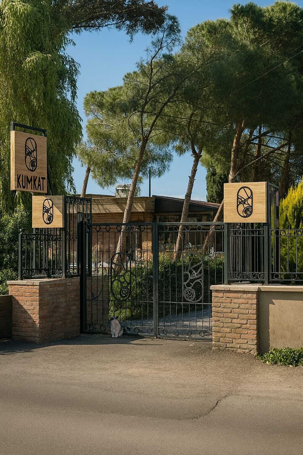 A gated entrance with a sign reading "KUMKAT" and a no-parking symbol.