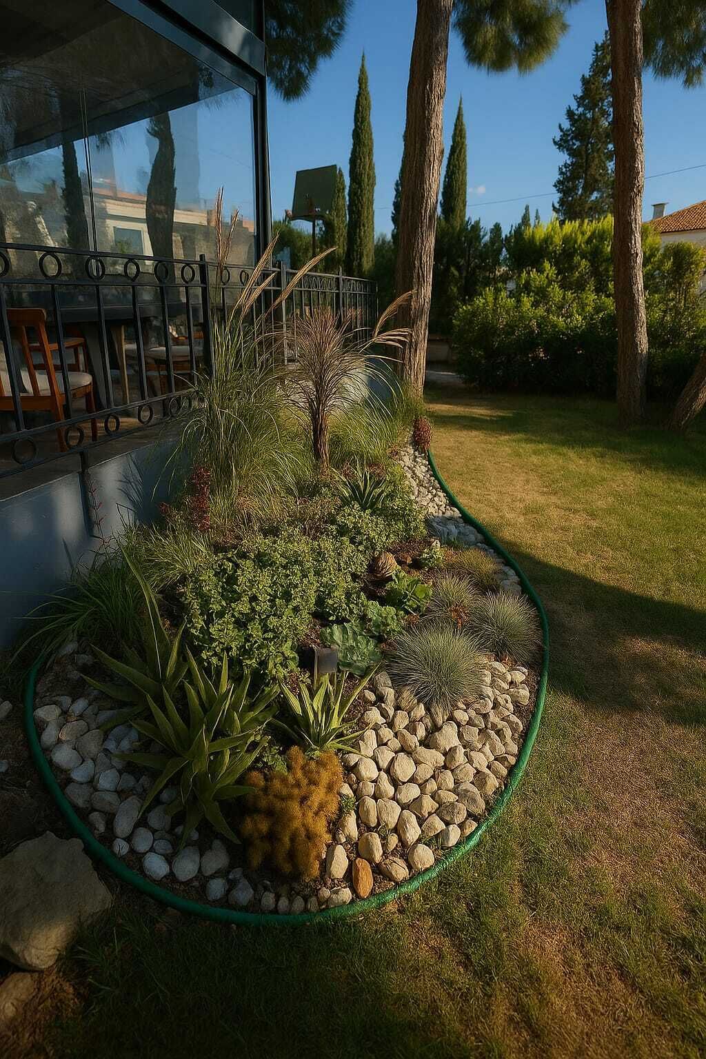 A landscaped garden with various plants and a stone border, a metal fence, and tall trees in the background.