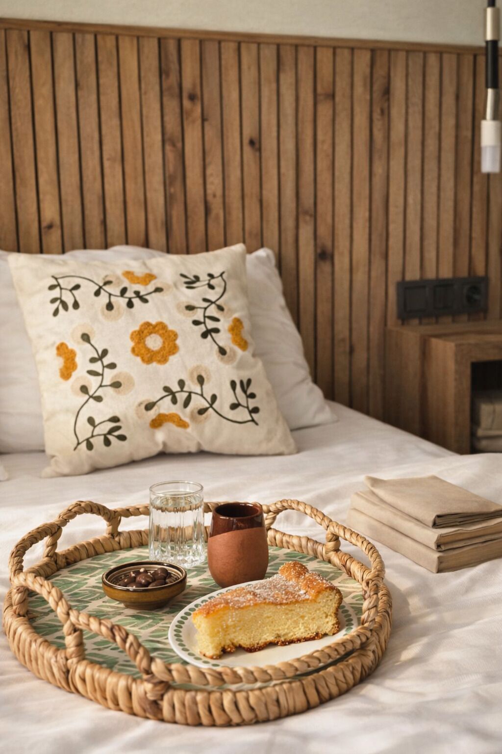 A bed with a wooden headboard, a decorative pillow, a woven tray with a slice of cake, a glass of water, and a mug.