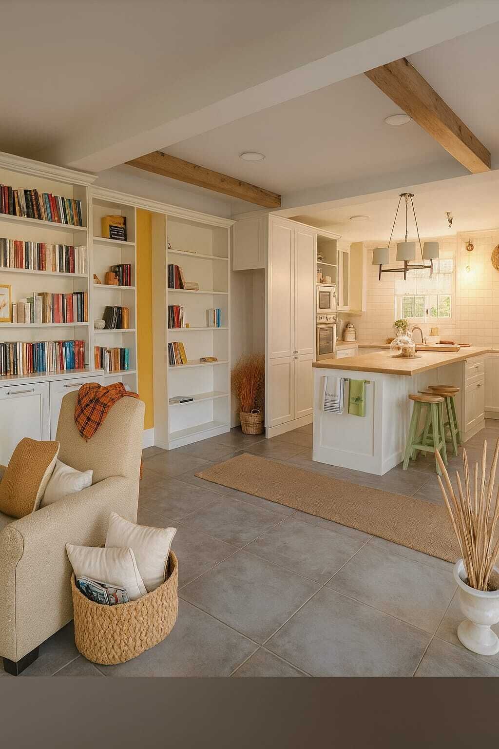 A modern kitchen with white cabinetry, a central island, and a dining area with stools.
