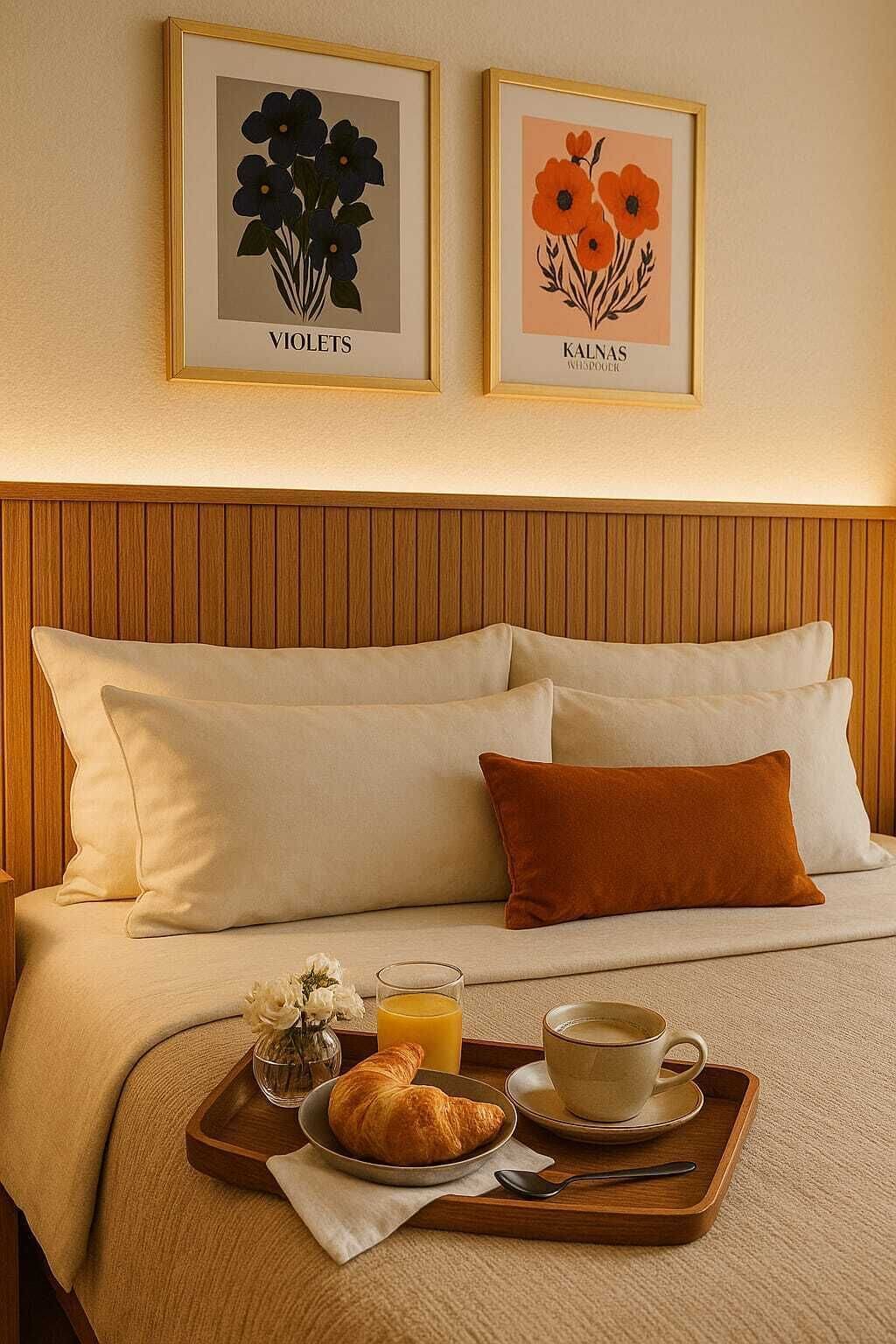 Un lit bien fait, avec deux oreillers, un plateau contenant des croissants, du jus de fruits et du café, et deux œuvres d'art florales encadrées accrochées au mur.