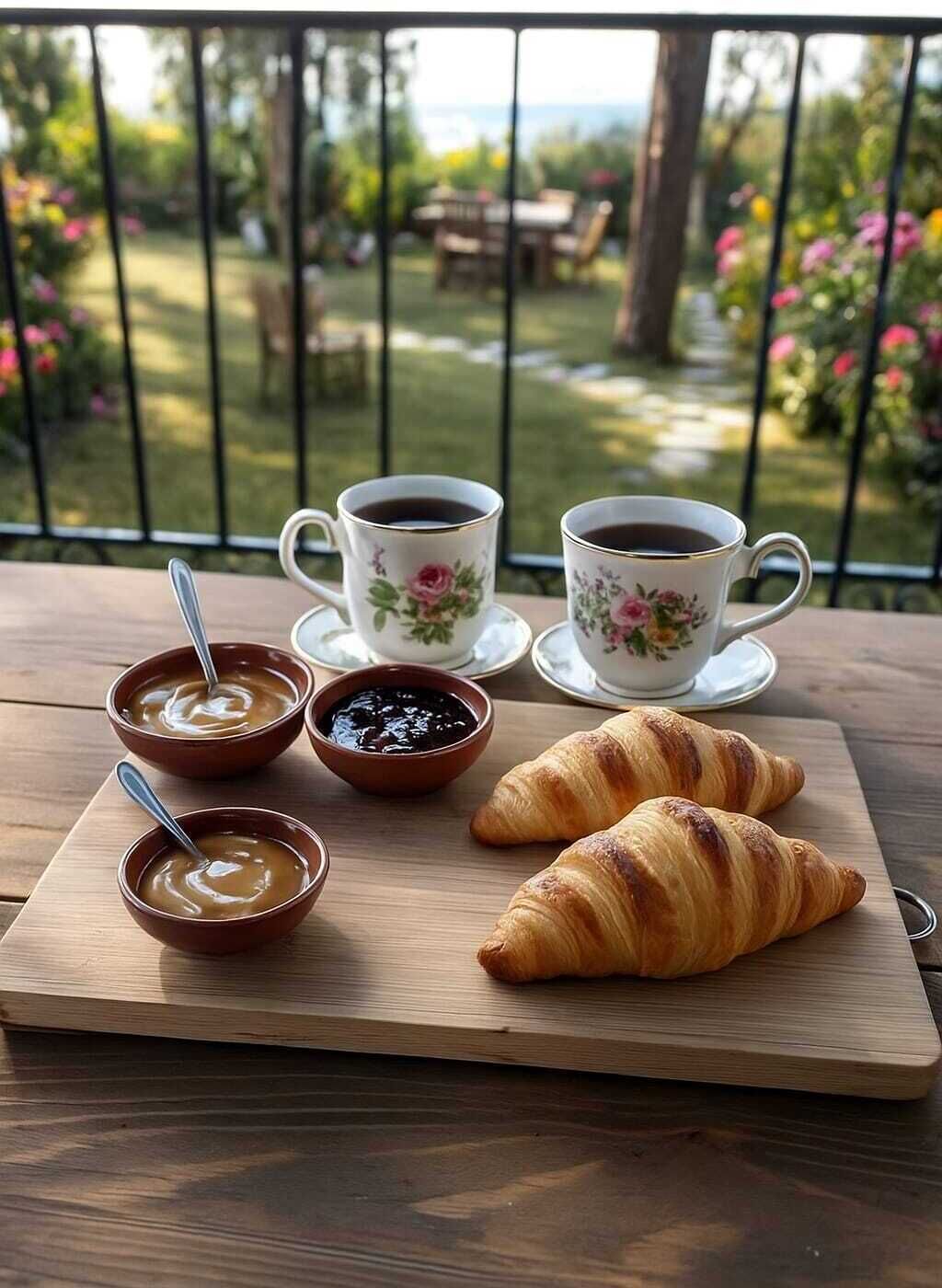 A wooden table with croissants, two cups of coffee, and two bowls of jam on a balcony overlooking a garden.