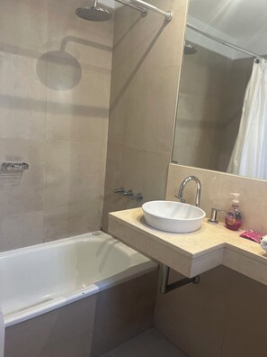 Hair dryer, bidet, towels, soap