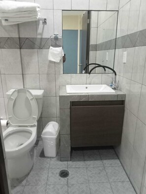 A small, compact bathroom with a toilet, sink, and mirror. - MONARCA HOTEL & PLAZA  (Atlacomulco)