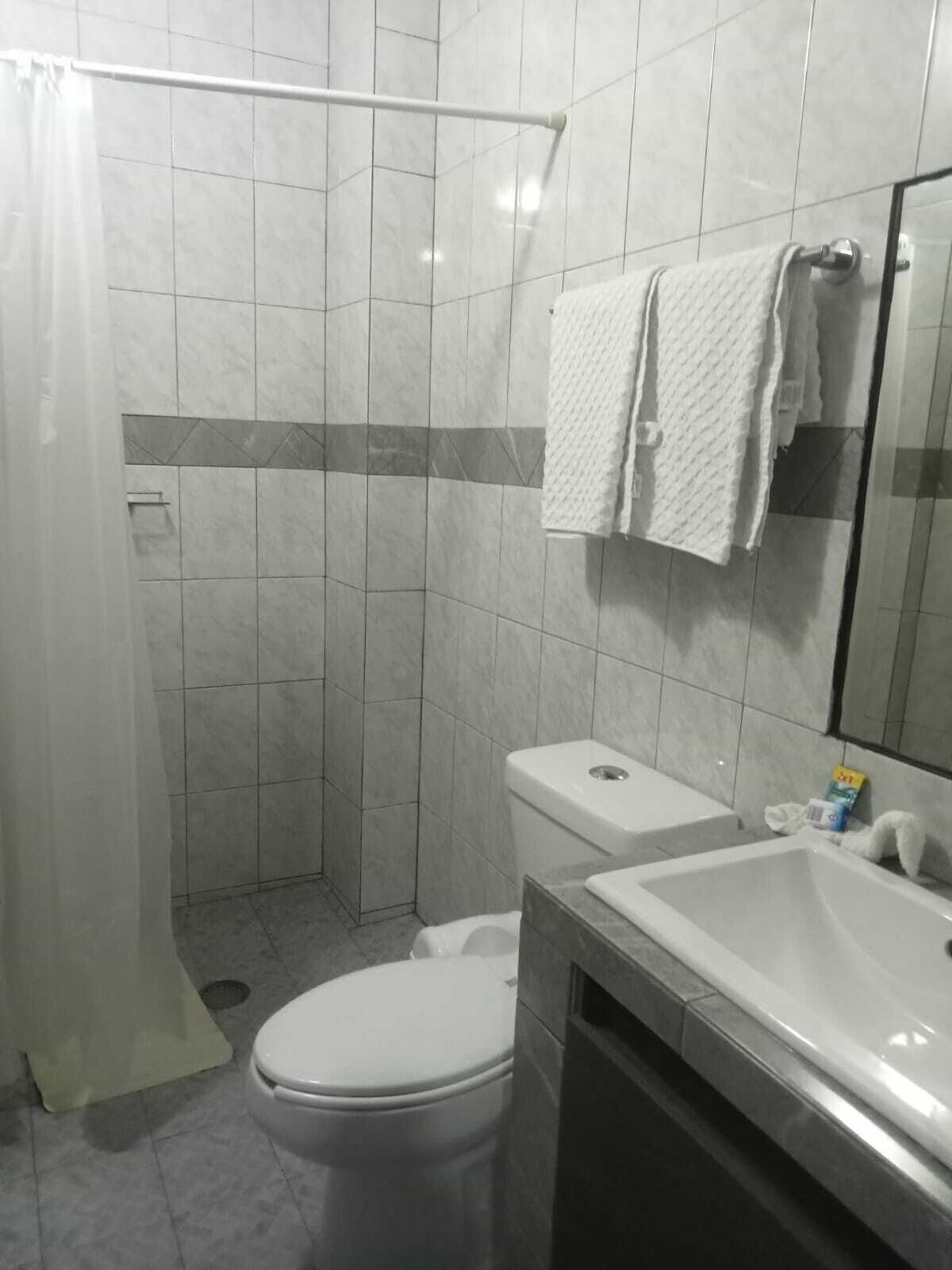 Un bagno con doccia, servizi igienici e lavabo.