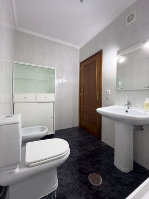 Hair dryer, towels, toilet paper